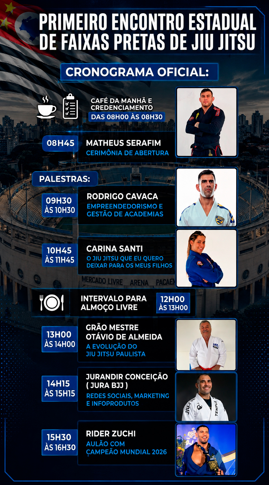Cronograma oficial do Primeiro Encontro Estadual de Faixas Pretas de Jiu Jitsu